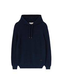 Indigo_1QTY // Pull à capuche maille côtelée détails dorés en laine - Indigo