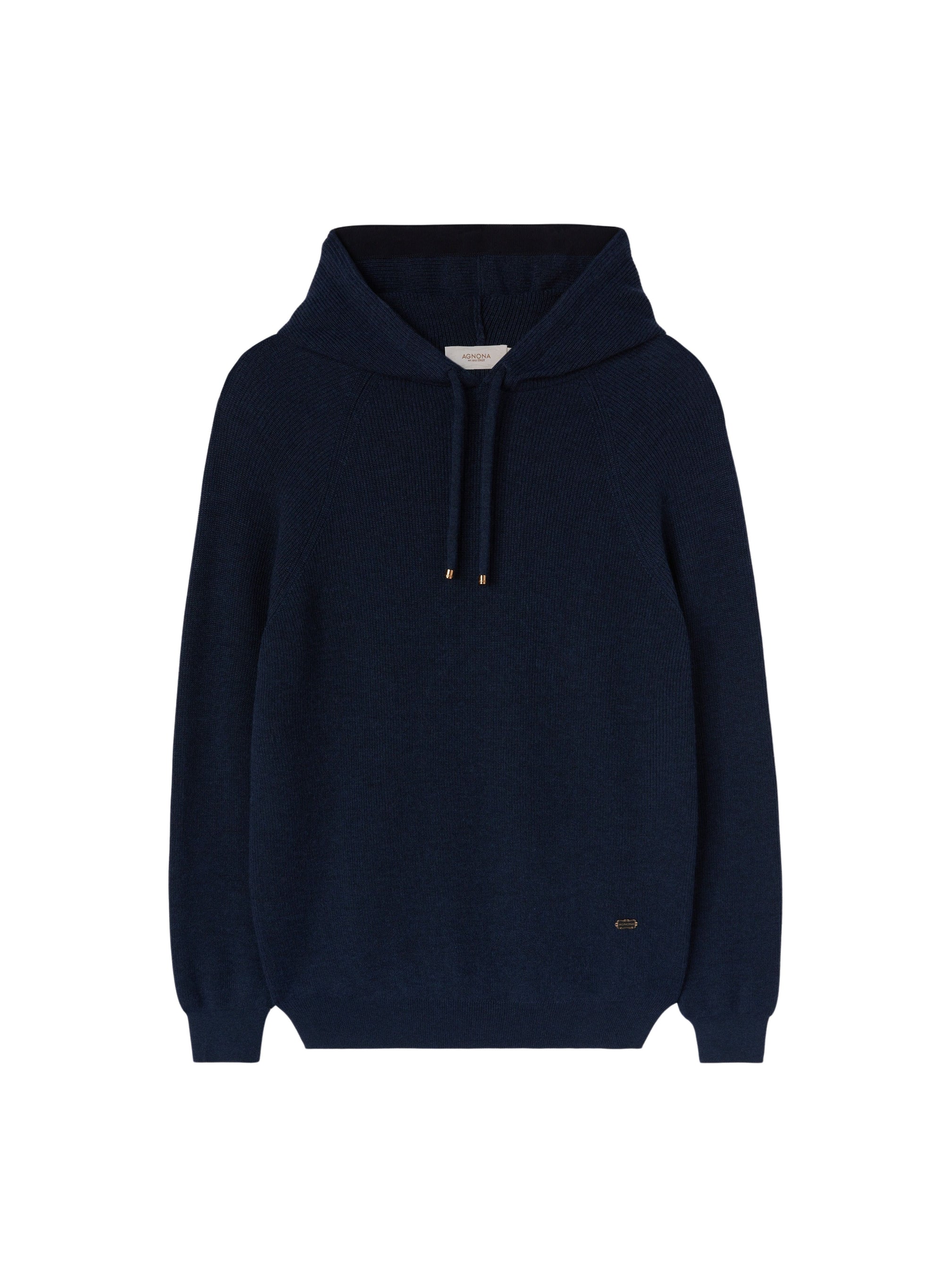 Indigo_1QTY // Pull à capuche maille côtelée détails dorés en laine - Indigo