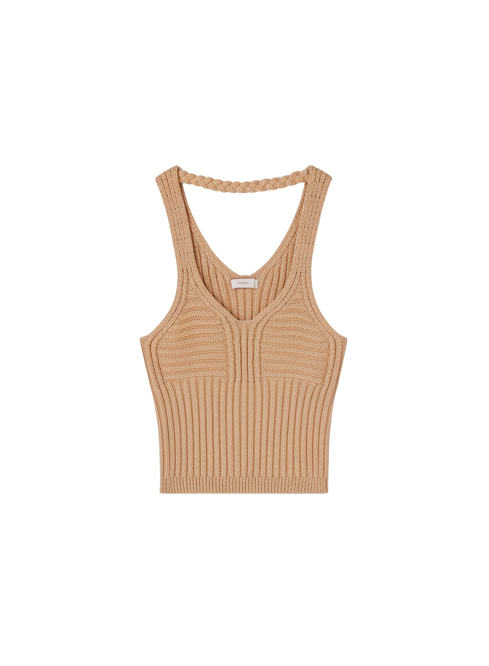 Débardeur court à maille tressée en laine - Camel