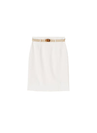 Short straight belted skirt in wool - White