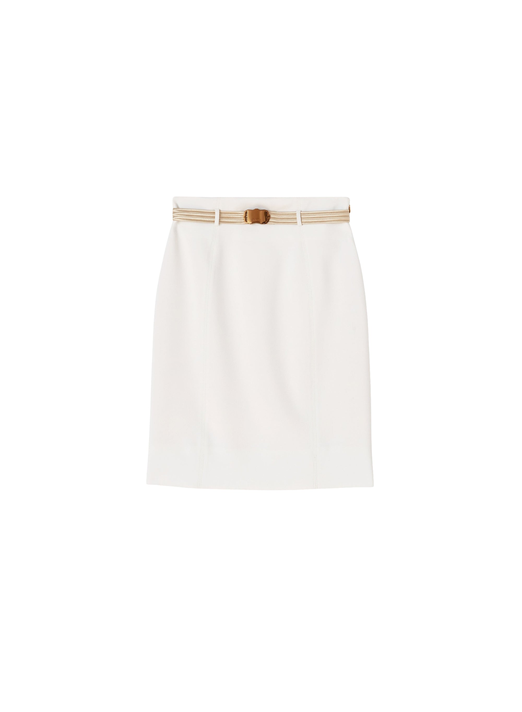 Short straight belted skirt in wool - White