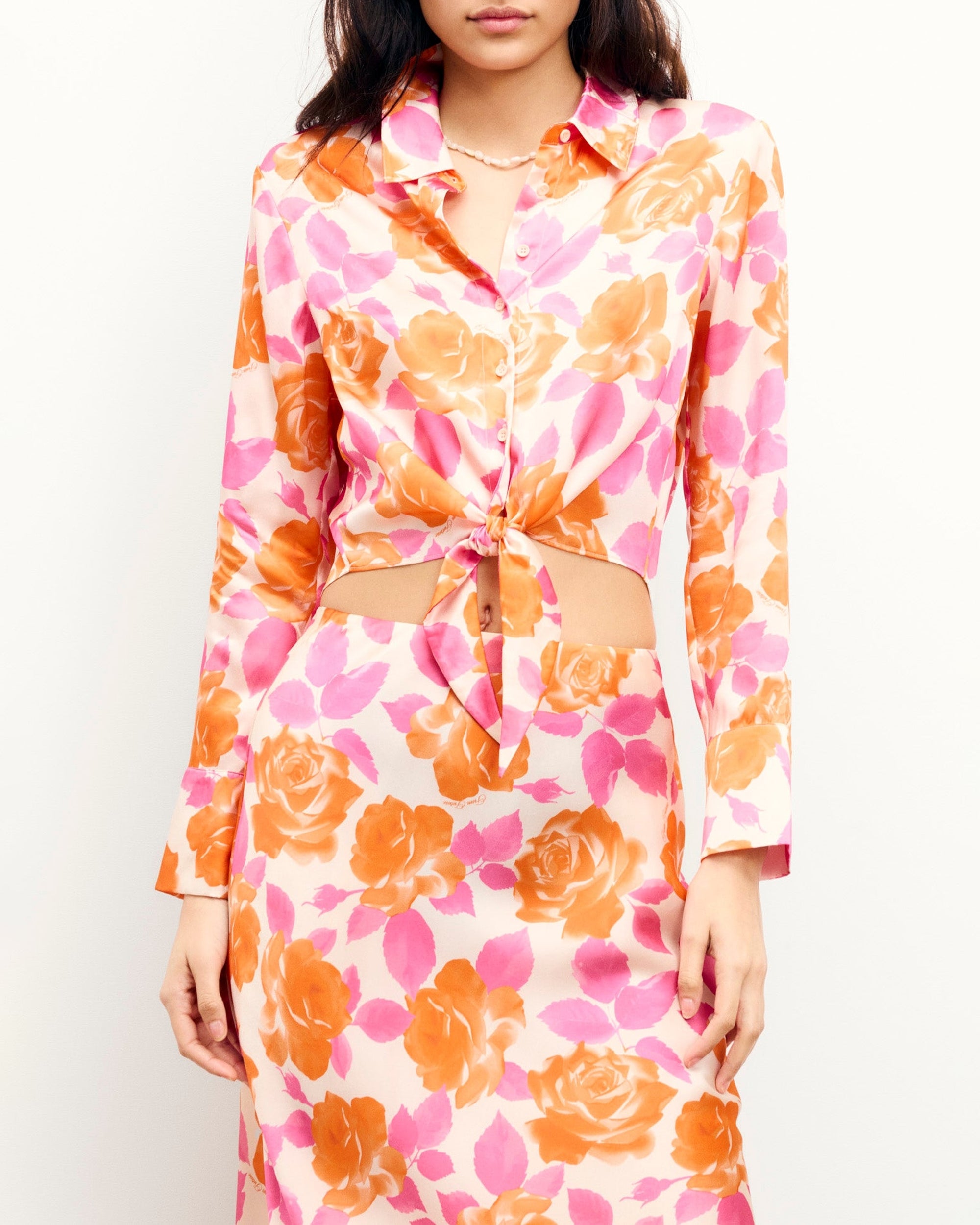 Chemise à manches longues Emma en soie - Electric Roses Orange