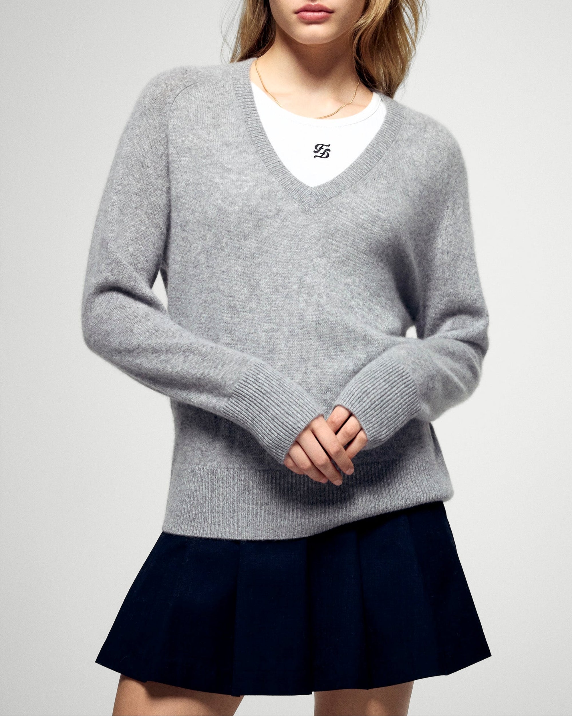 Pull à col V en cachemire - Gris Chiné Foncé