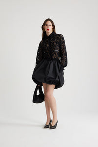 Chemise courte en dentelle de coton bio - Noir