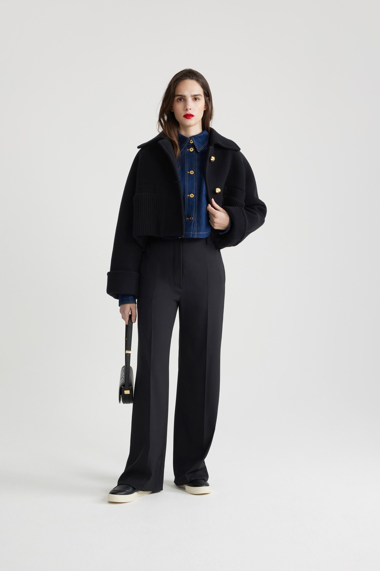 Manteau court à orlet côtelé en laine et cachemire - Noir