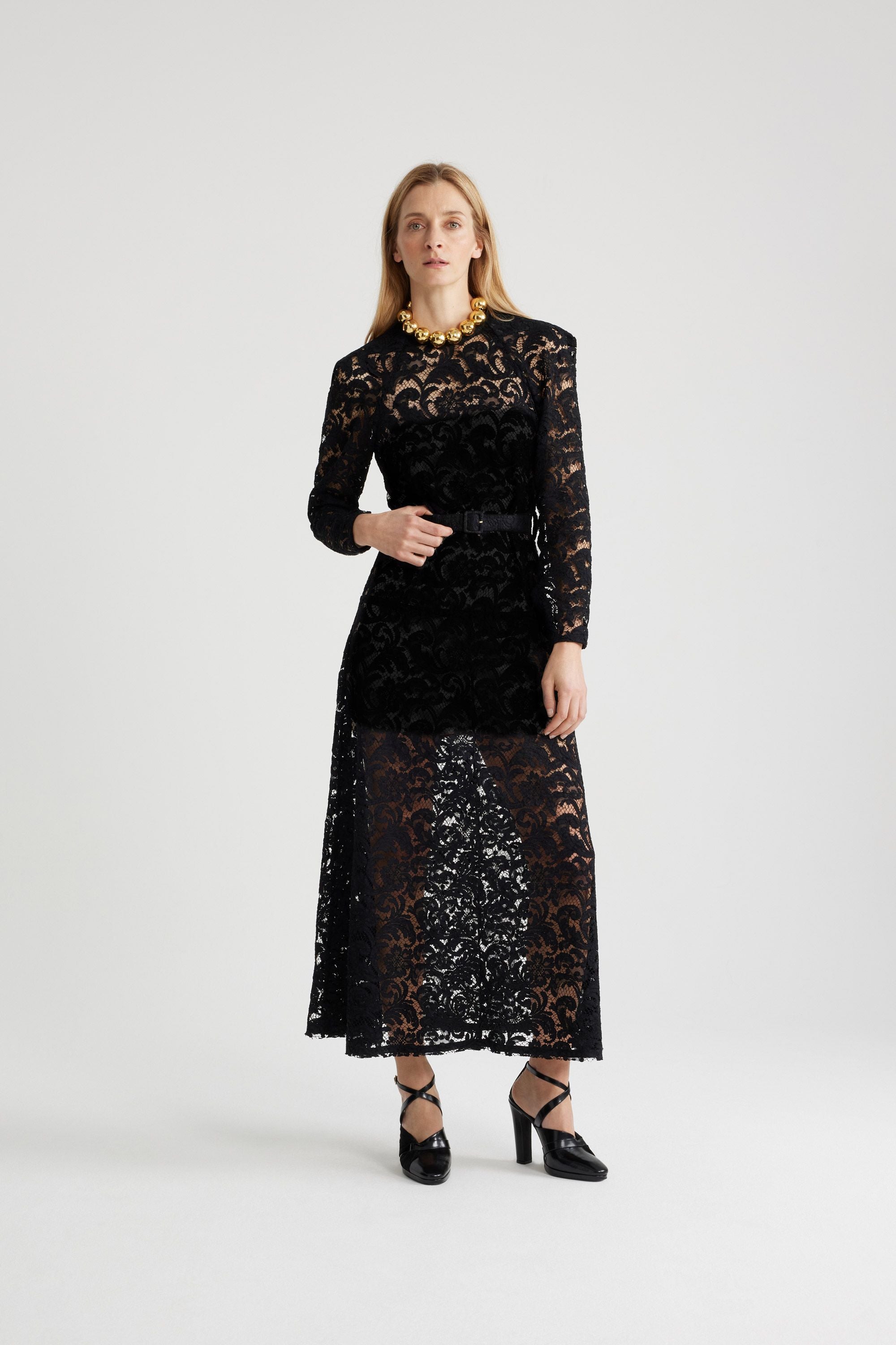 Robe longue en dentelle de coton bio - Noir