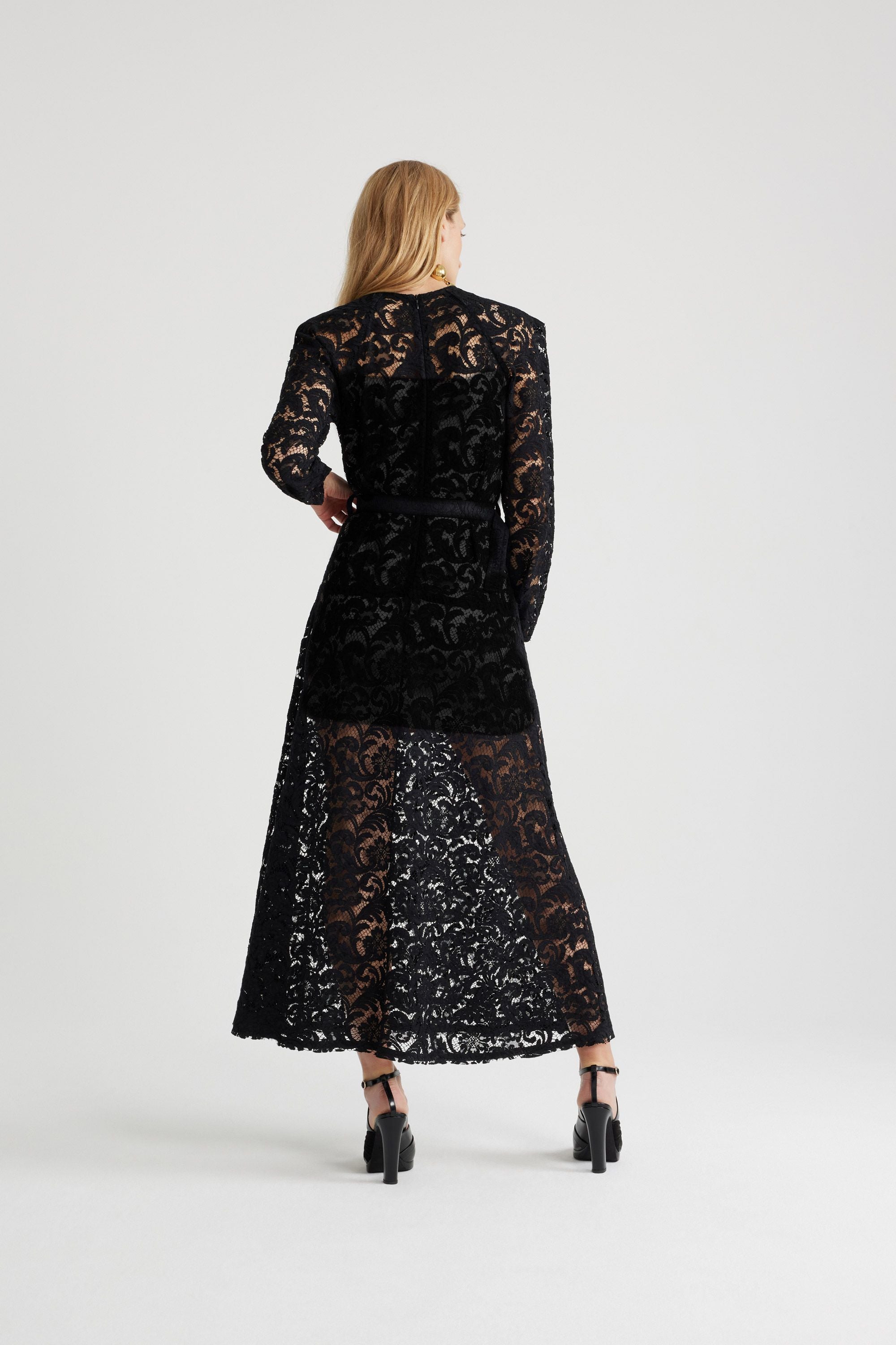 Robe longue en dentelle de coton bio - Noir