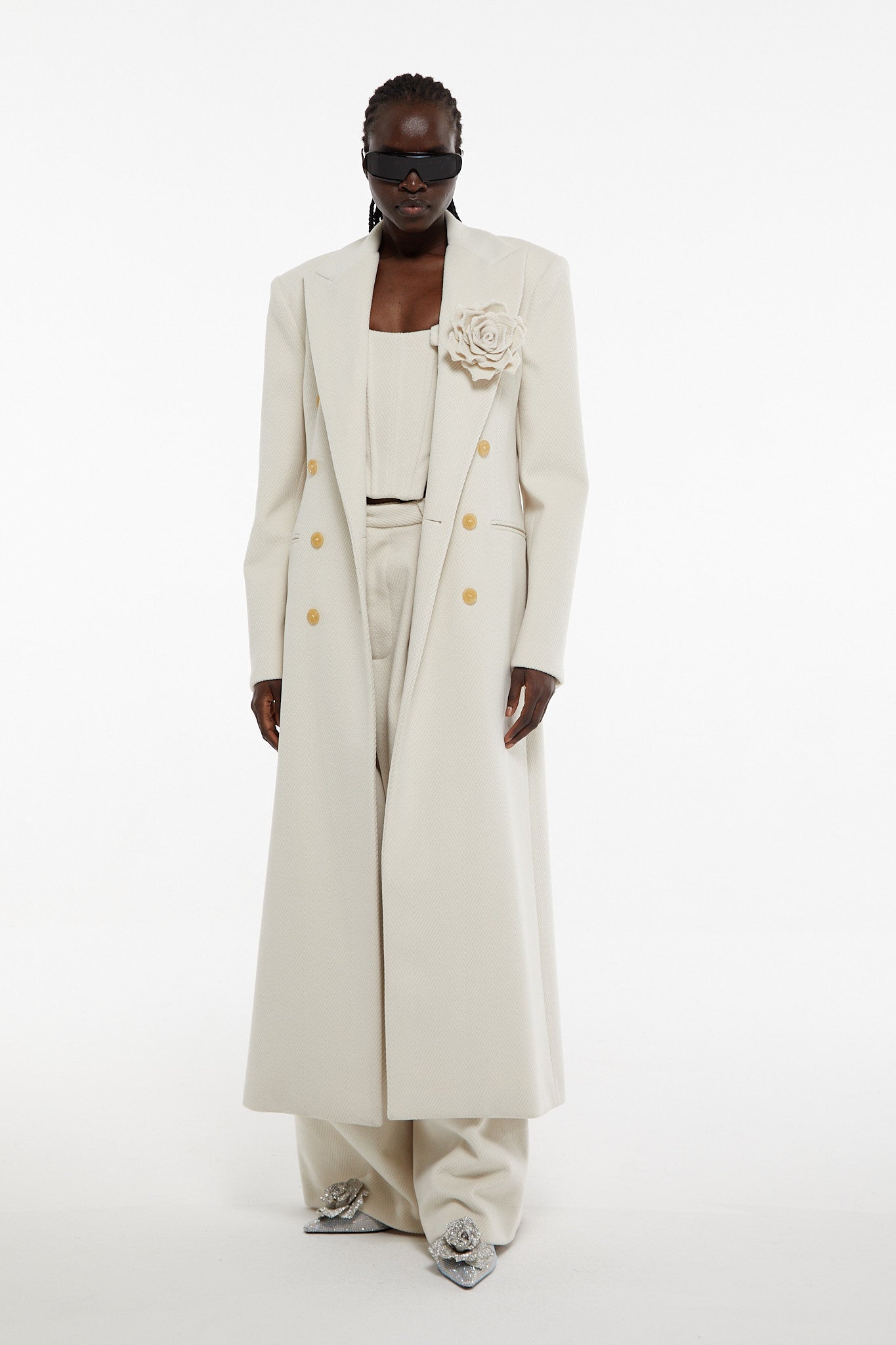 Milk White // Herringbone double-breasted long coat