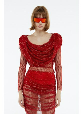 Red // Rhinestone embroidered mesh hooded top