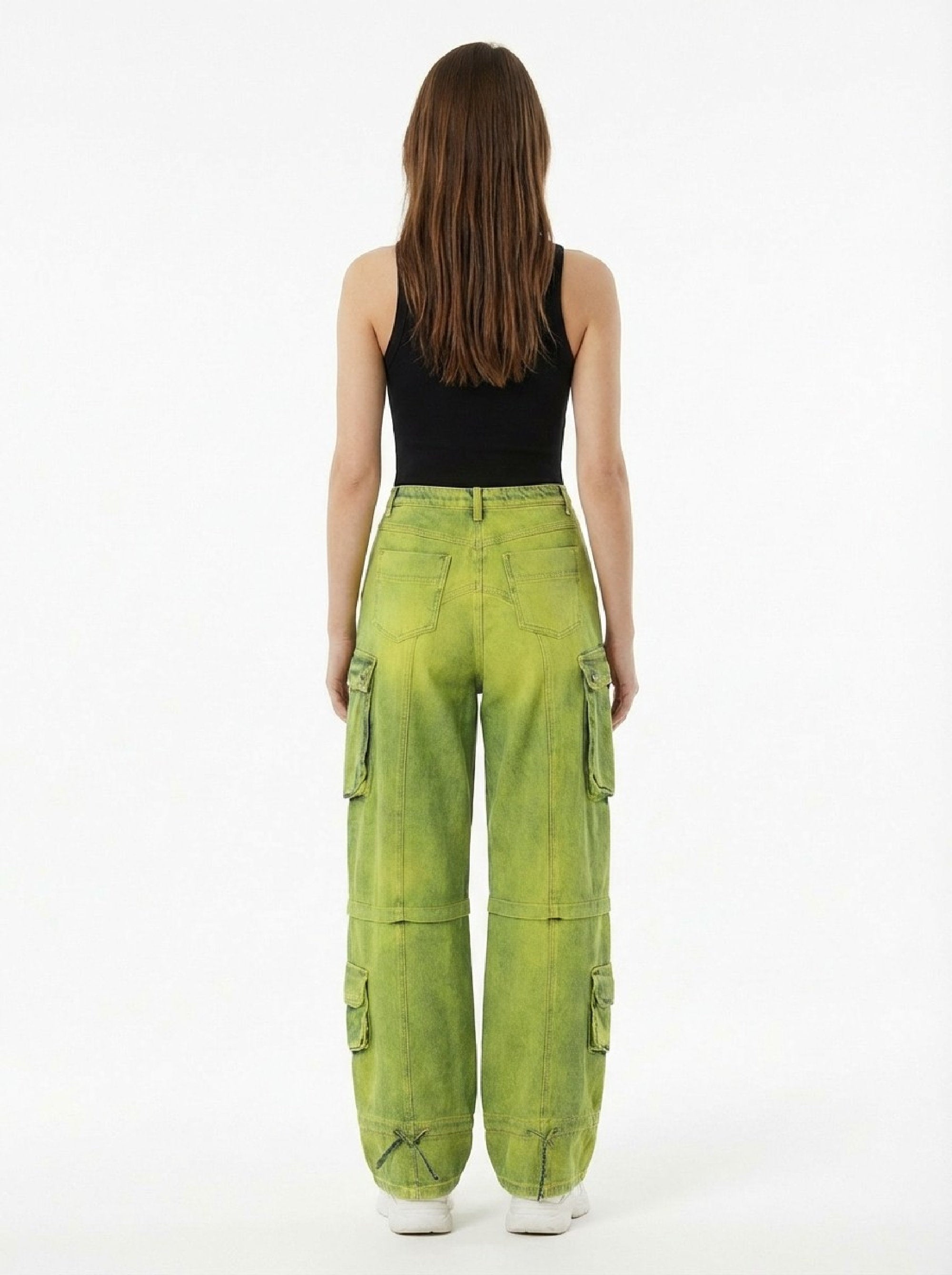 Pantalon cargo large à effet délavé - Lime Fluo