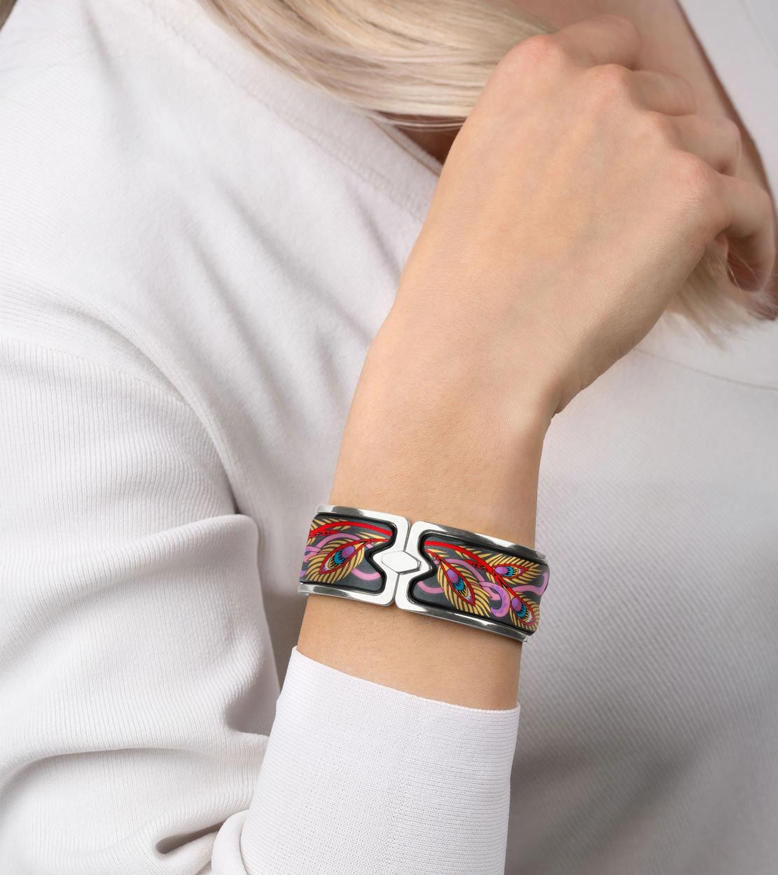 Manchette Royal en émail et plaqué au rhodium - Gris & rouge & rose
