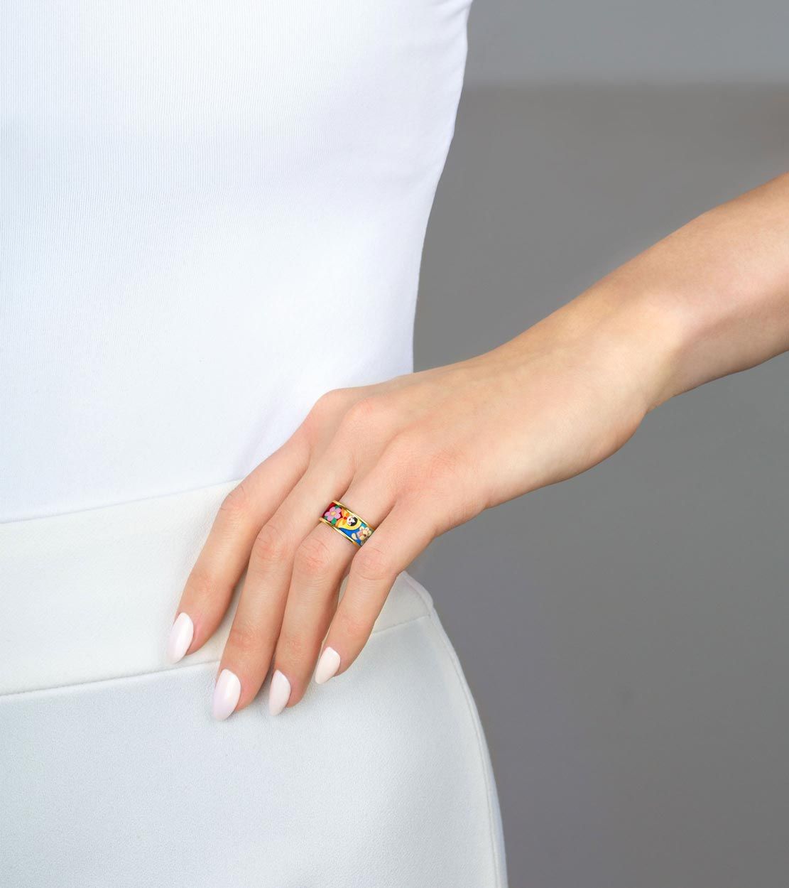 Bague Miss en émail et décoré à l'or - Bleu & gris & orange