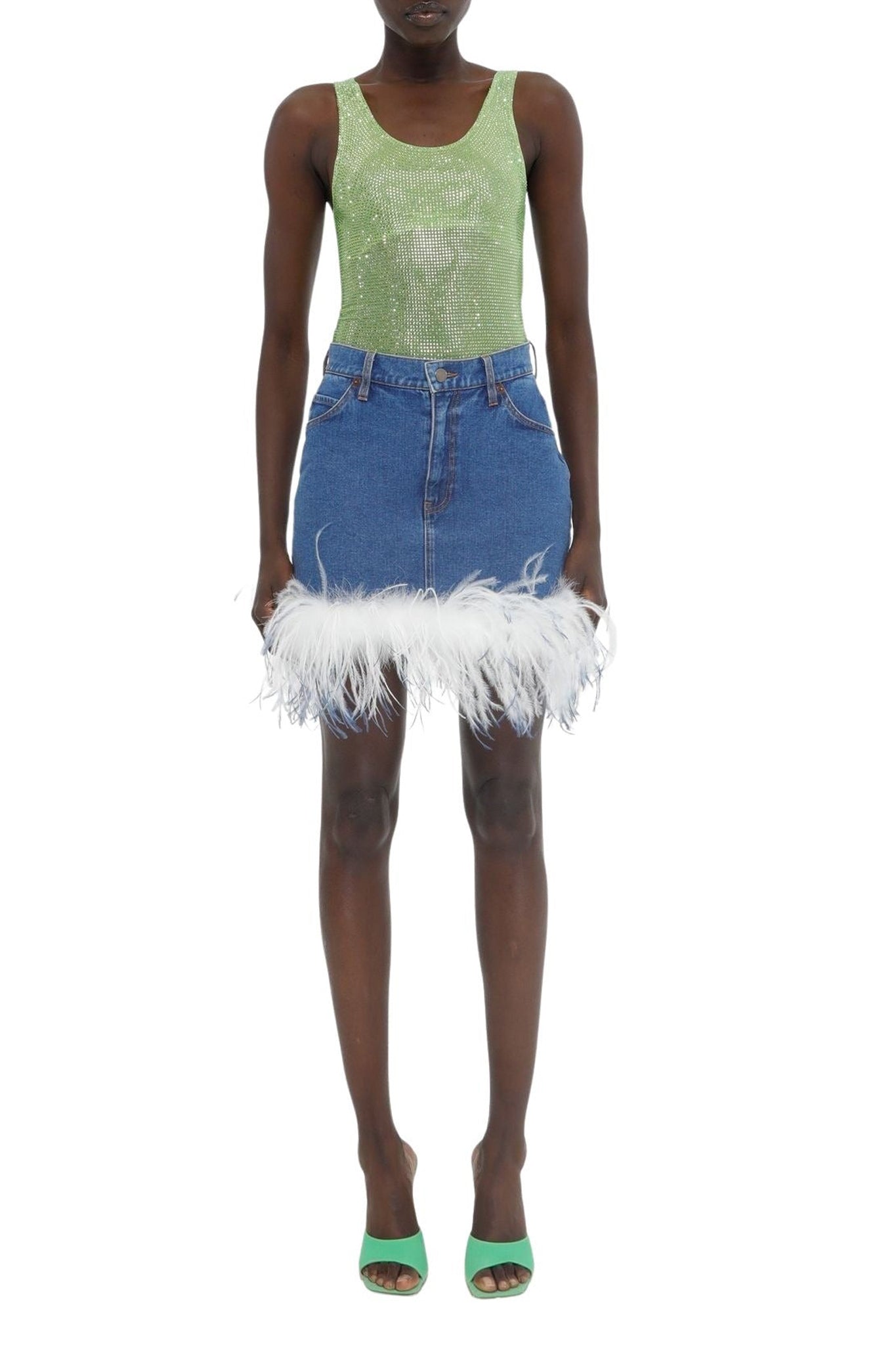 Jupe courte détails en plumes - Light Blue Denim
