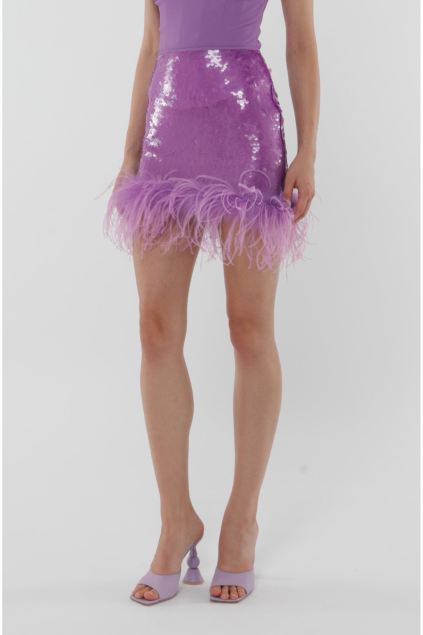 Jupe courte à sequins & plumes - Purple
