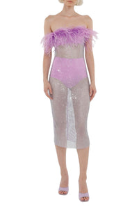 Robe midi ornée de plumes et strass - Purple