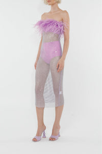 Robe midi ornée de plumes et strass - Purple