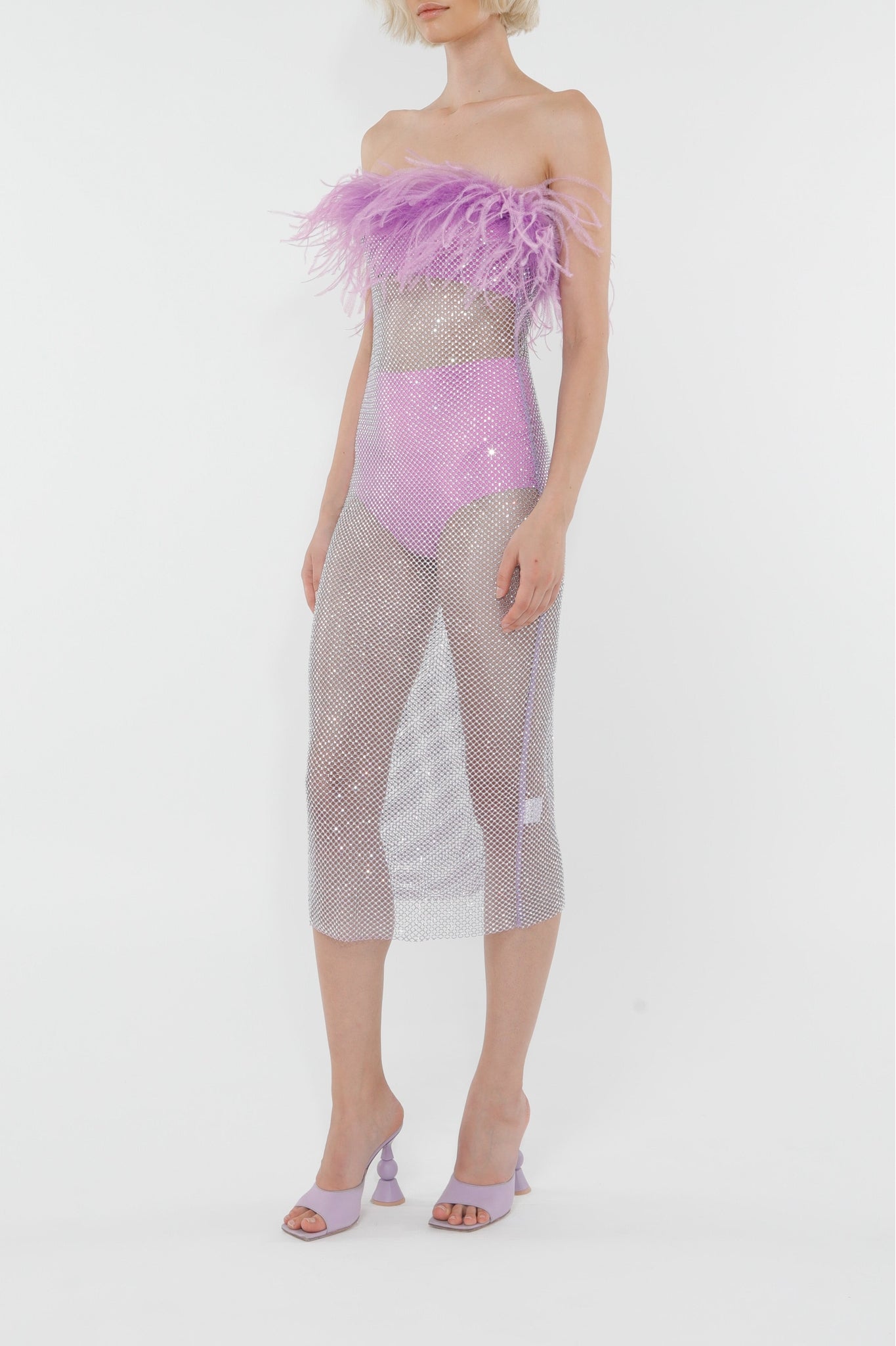 Robe midi ornée de plumes et strass - Purple