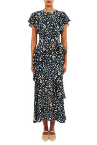 Robe midi Amaia à volants en cascade en soie - Midnight Garden