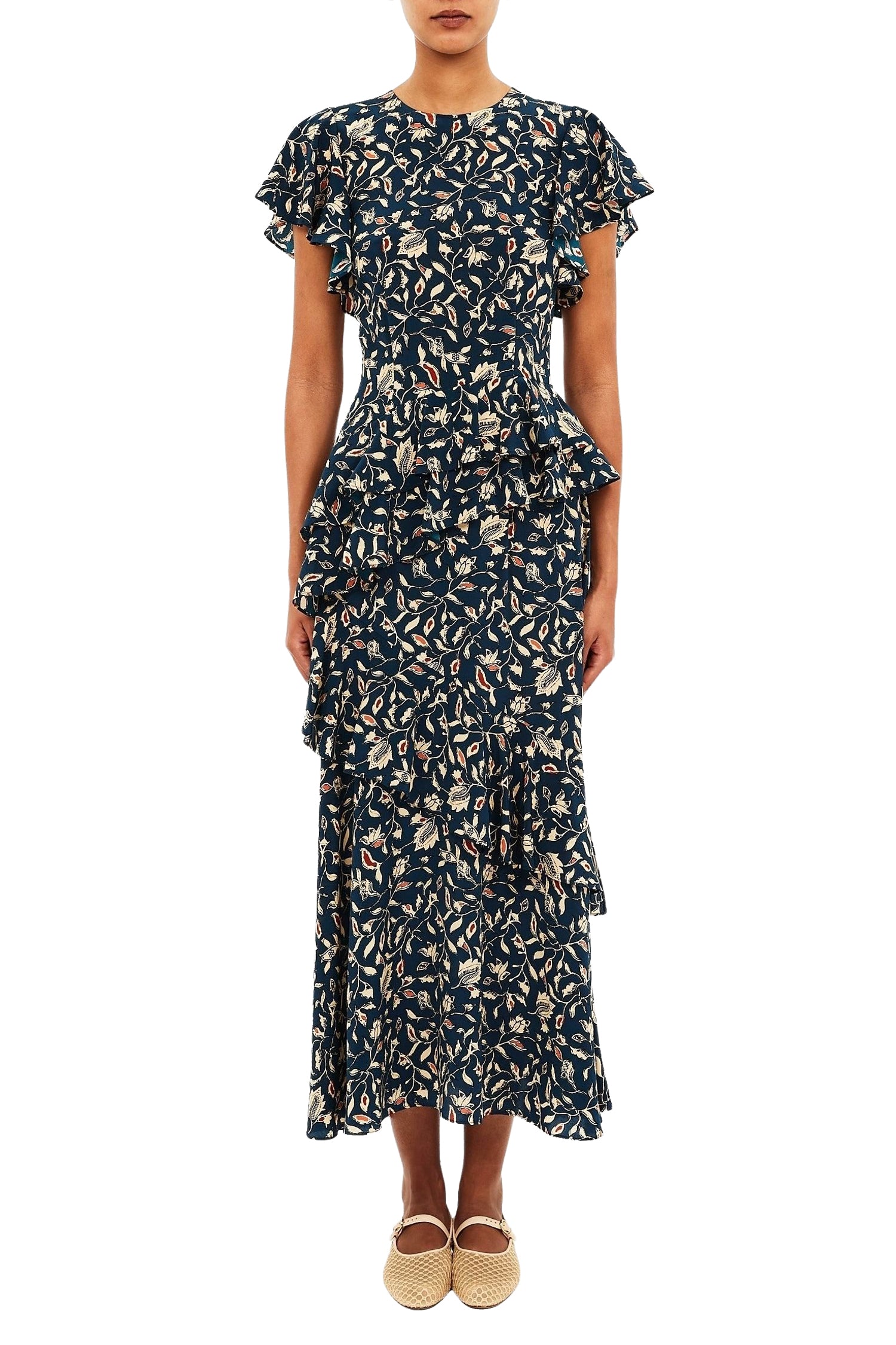 Robe midi Amaia à volants en cascade en soie - Midnight Garden