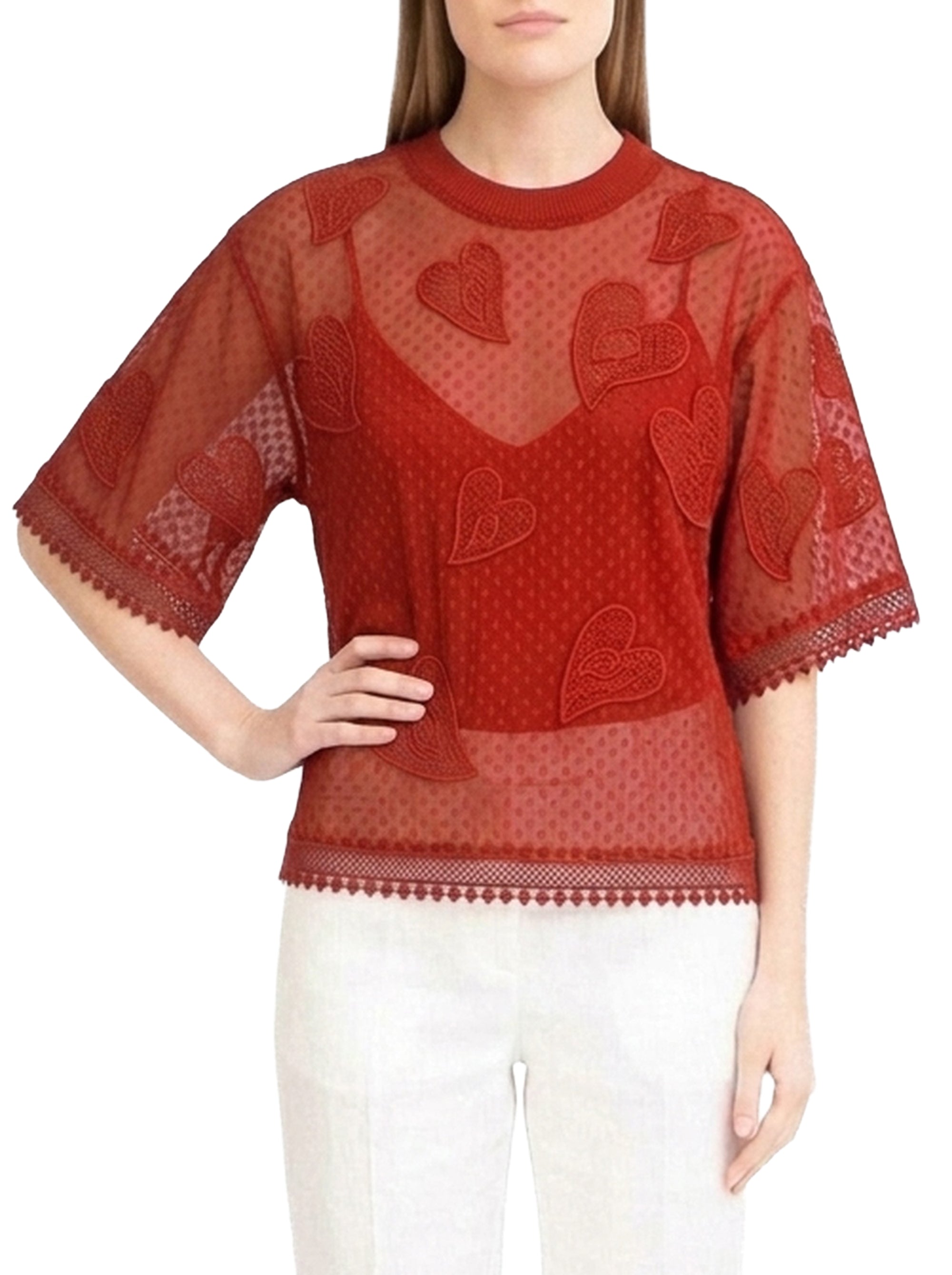 Lace duster T-shirt - Chinese Red