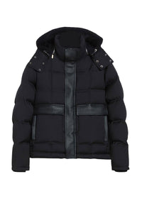 Doudoune à capuche empiècements cuir en laine - Noir