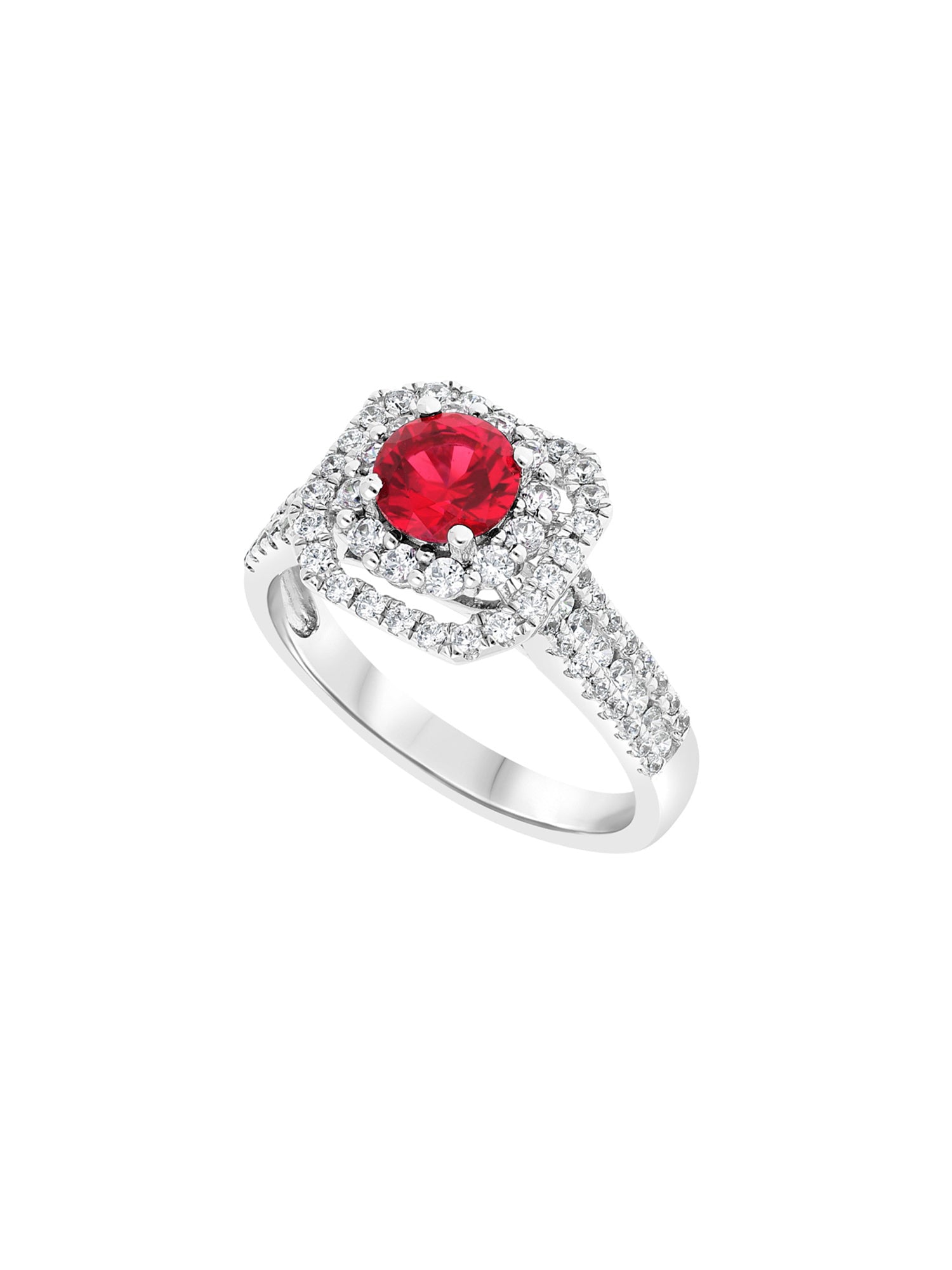 7qty DJV / QTY DISPO : 12-QTY VENDUES : 2-ST : 17% PRIX DJV : 150€ // Argent Rhodié Bague en argent rhodié sertie de rubis de synthèse taille brillant et pavée de Burmalite™ blanche /// RECO : 126€