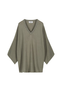 Oversized linen V-neck jumper - Khaki