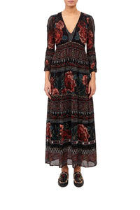 Robe longue brodée Floral - Noir