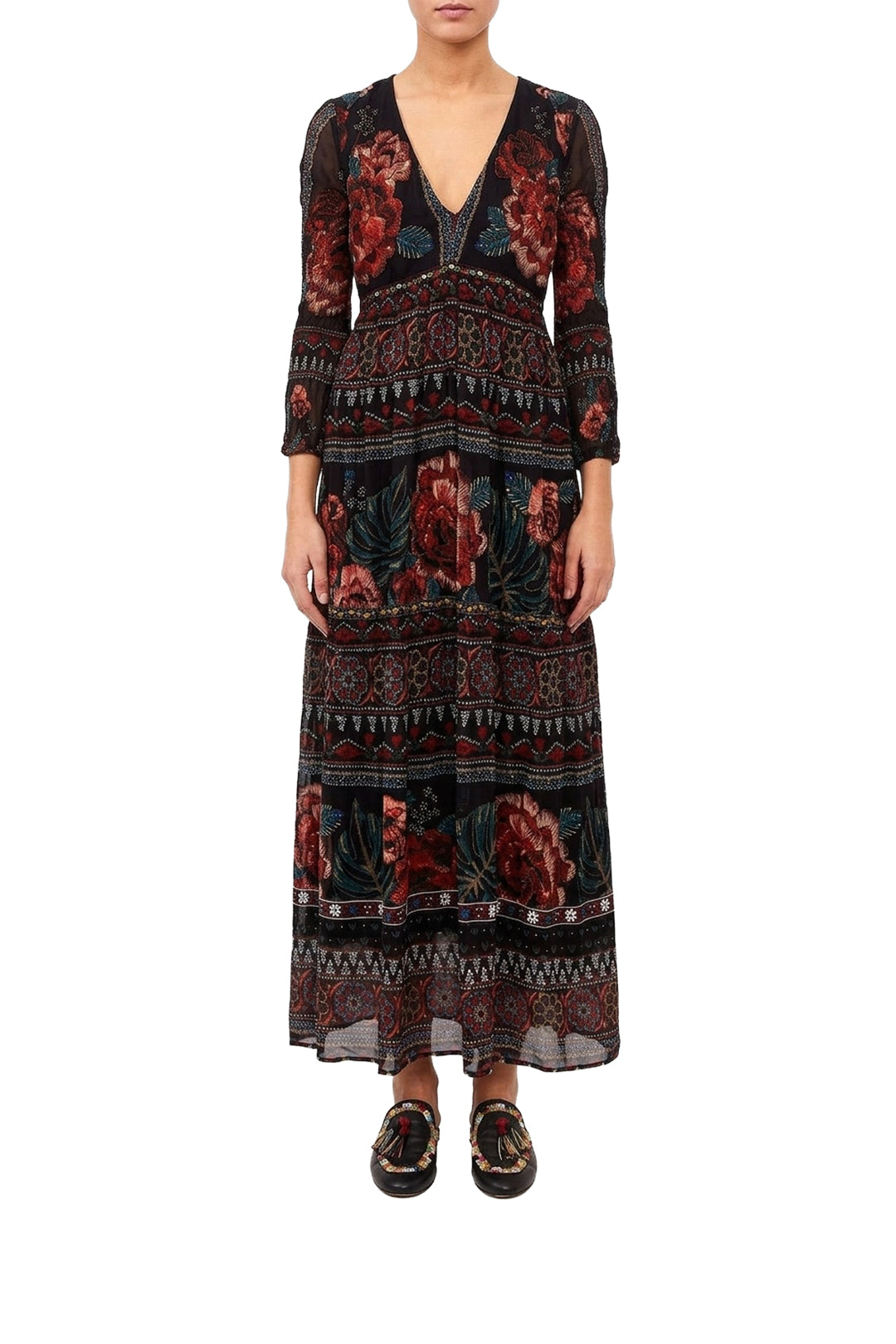 Robe longue brodée Floral - Noir