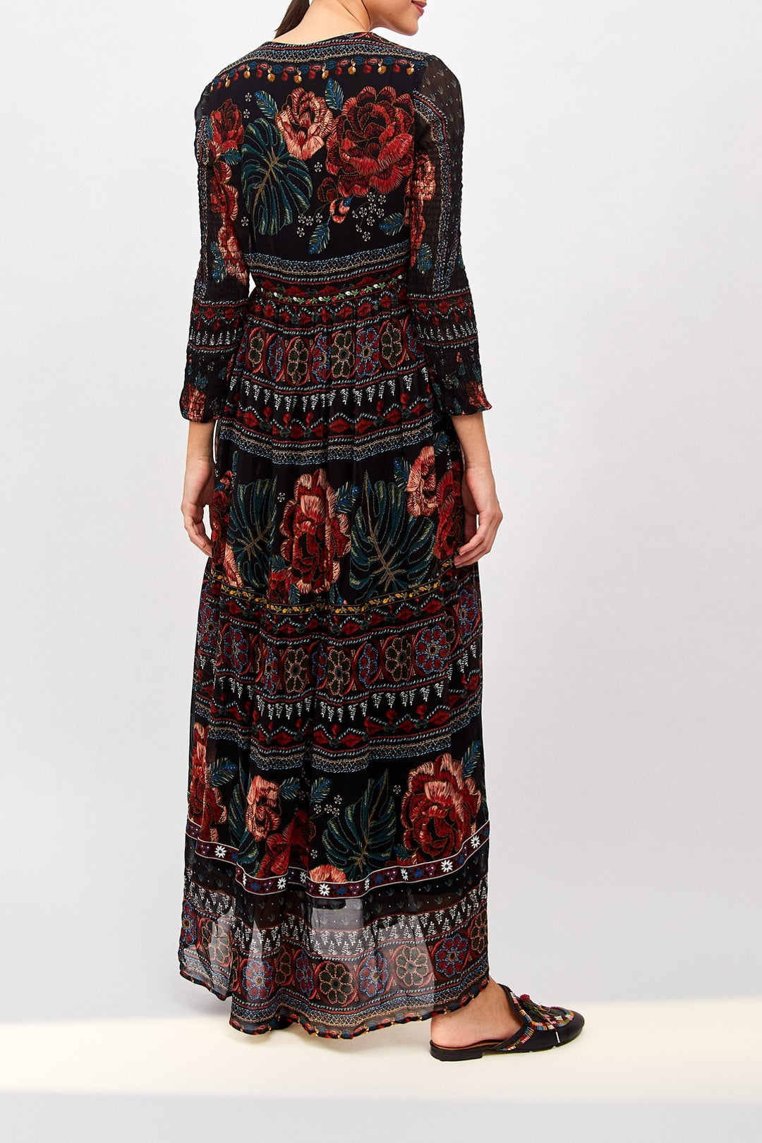 Robe longue brodée Floral - Noir