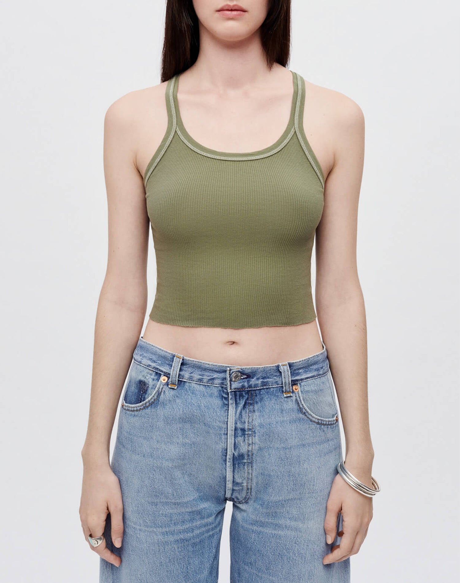 Hanes Short Rib Tank Top - Bayleaf with Ivory Stitches