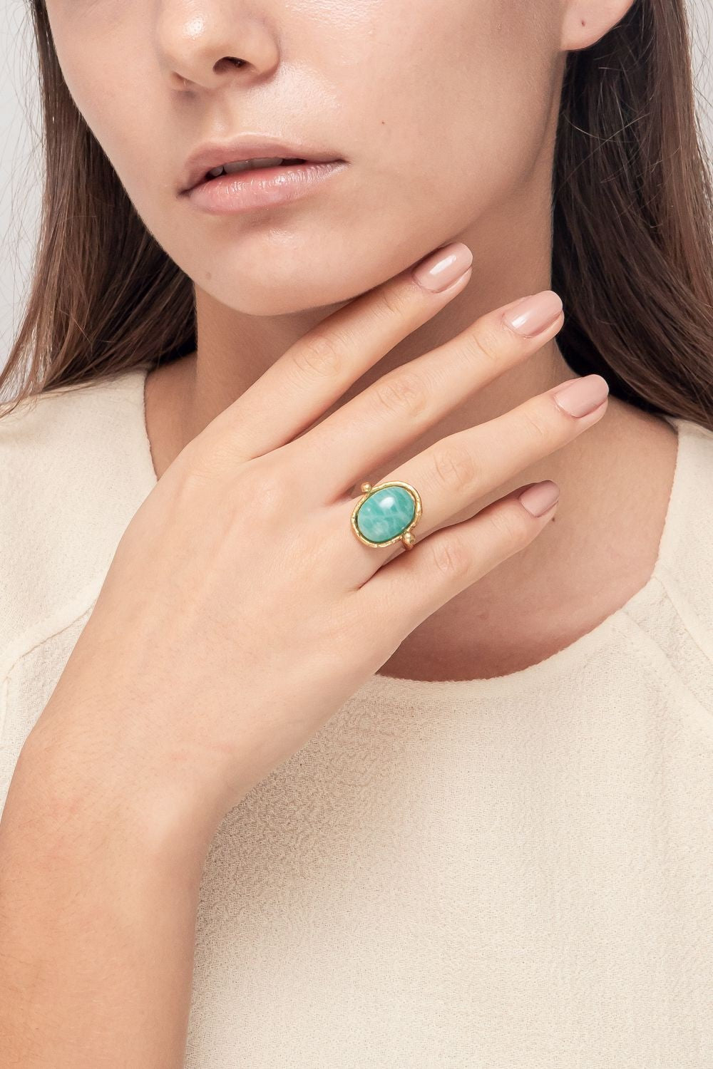 Bague Petite Ovale dorée à l'or fin et Moonstone - Blanc