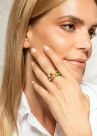 Bague Dots Double dorée à l'or fin et émail - Multicolore