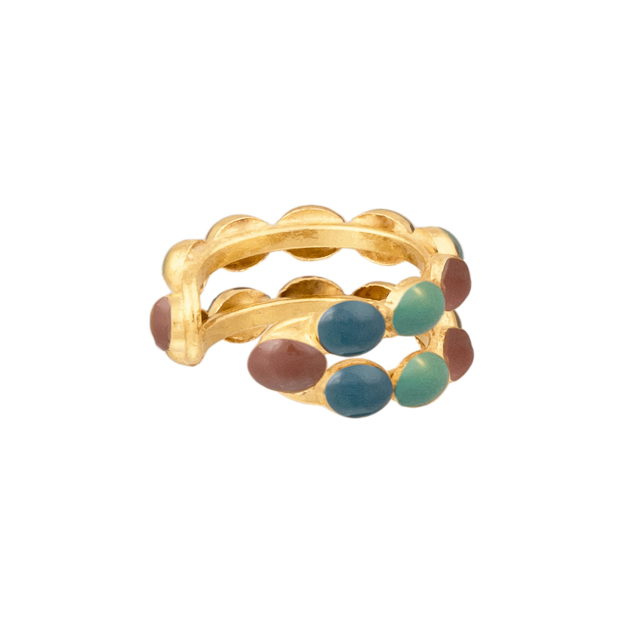 Bague Dots Double dorée à l'or fin et émail - Vert & Bleu & Marron