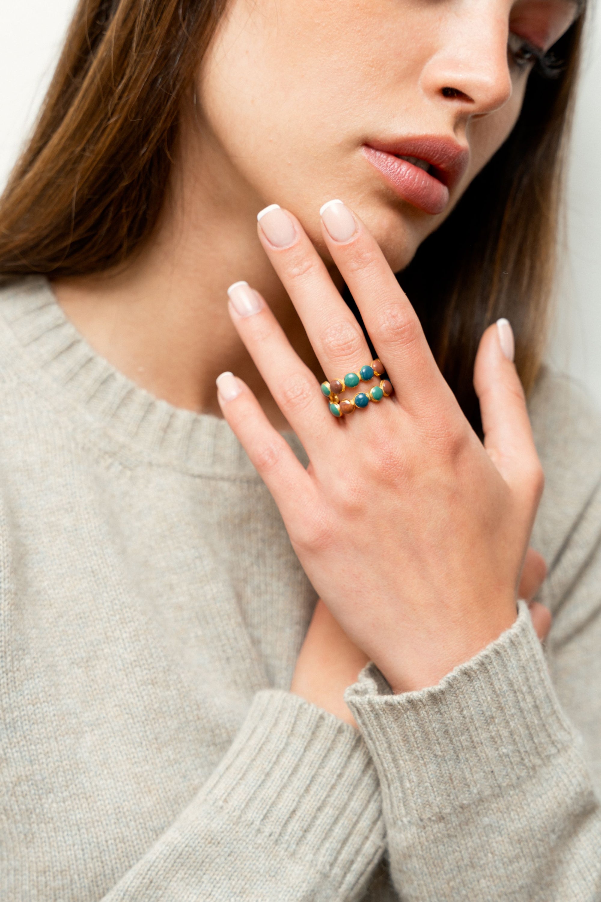 Bague Dots Double dorée à l'or fin et émail - Vert & Bleu & Marron