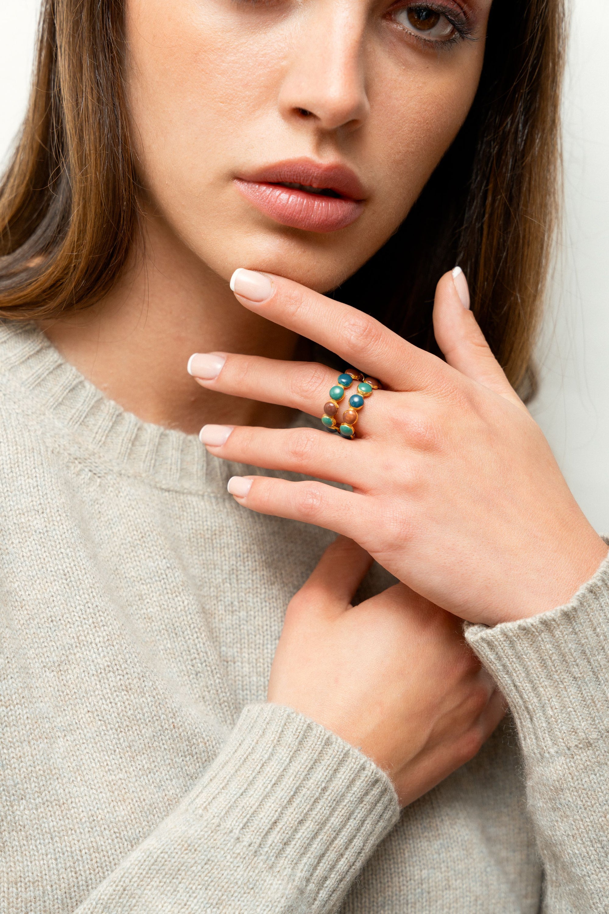 Bague Dots Double dorée à l'or fin et émail - Vert & Bleu & Marron