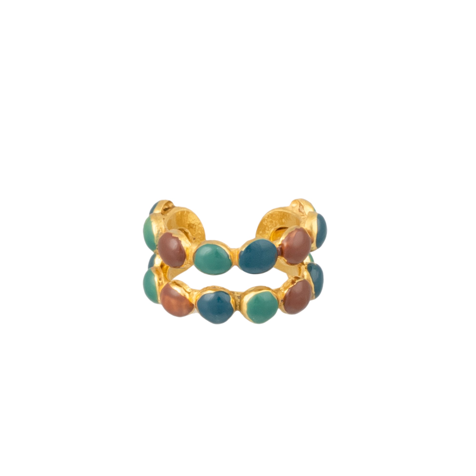 Bague Dots Double dorée à l'or fin et émail - Vert & Bleu & Marron