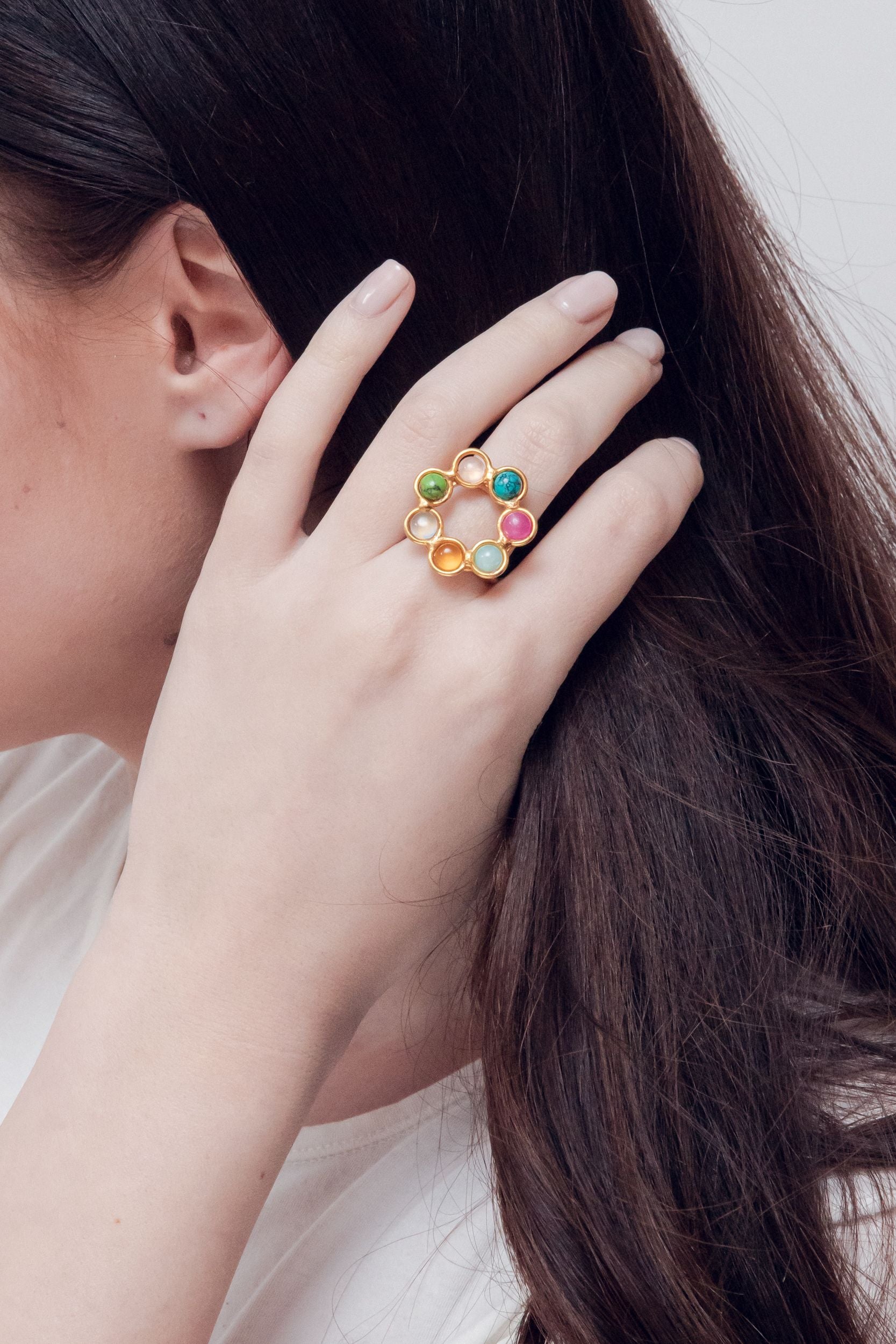 Bague Daisy dorée à l'or fin et multipierres - Multicolore