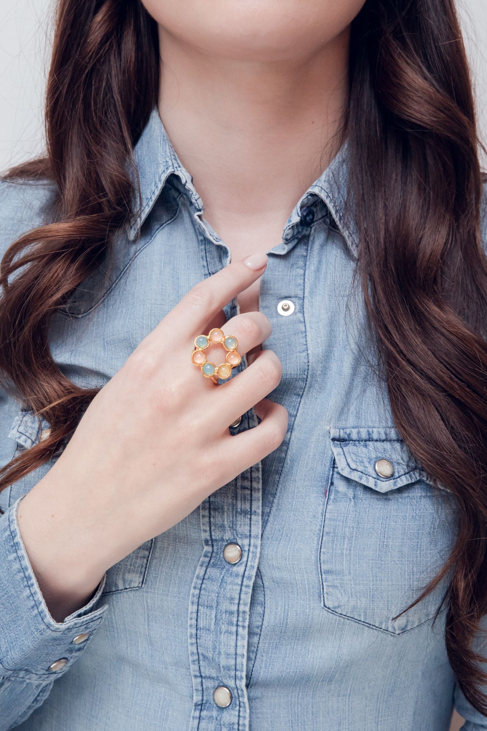 Bague Daisy dorée à l'or fin et multipierres - Multicolore