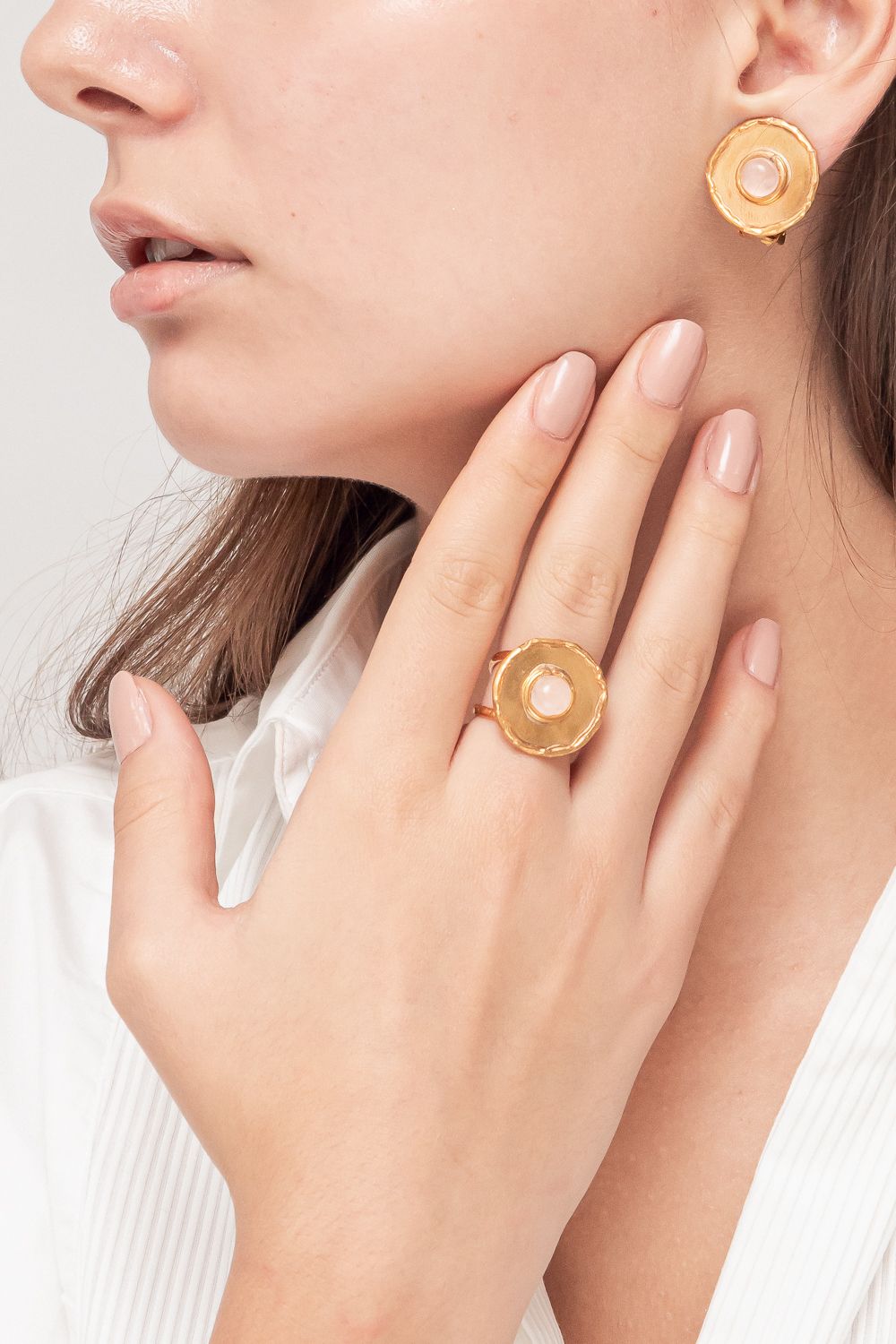 Bague Medaille dorée à l'or fin et Quartz - Pink Quartz