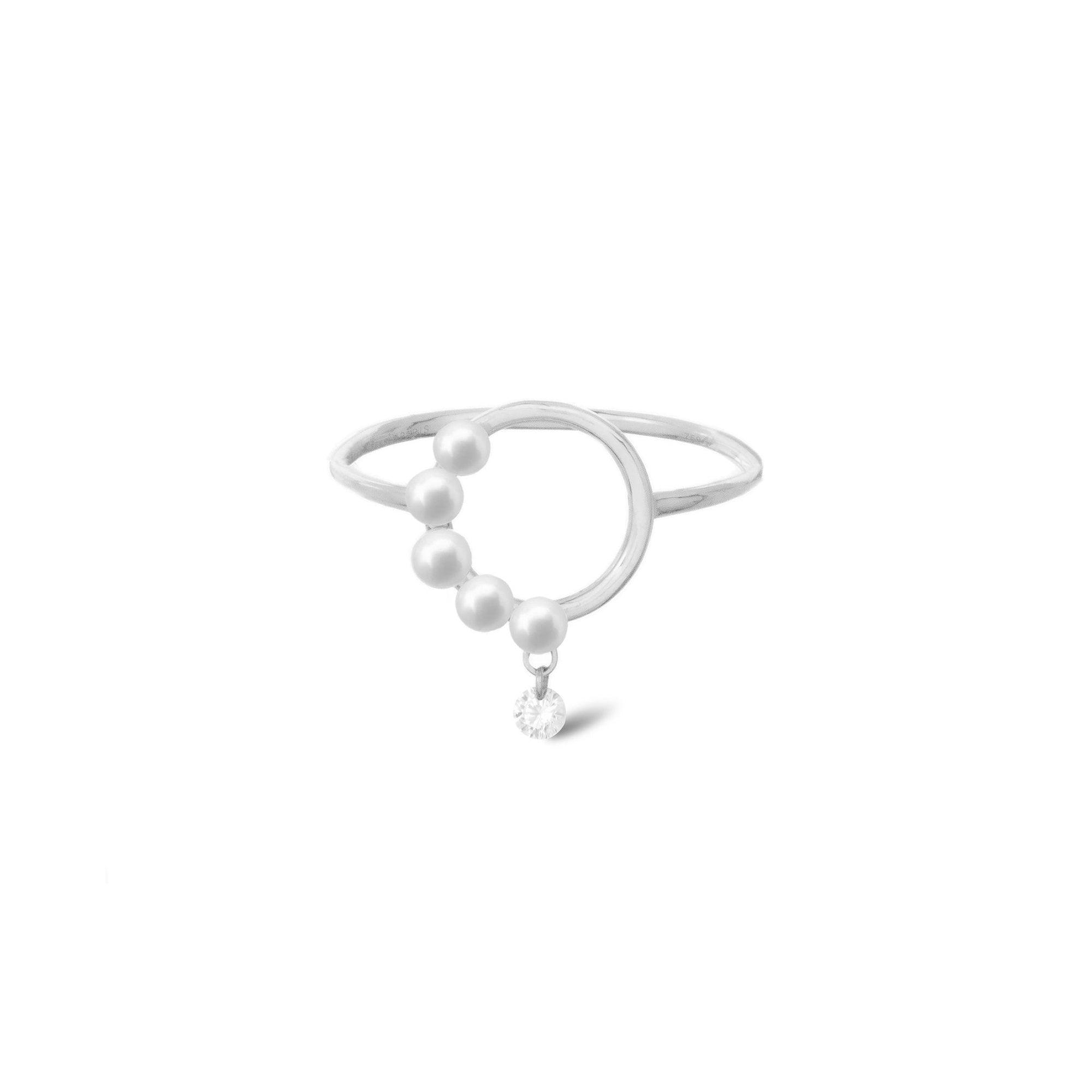 Bague Aphrodite cercle orné de perles & serti d’un diamant - Or Blanc