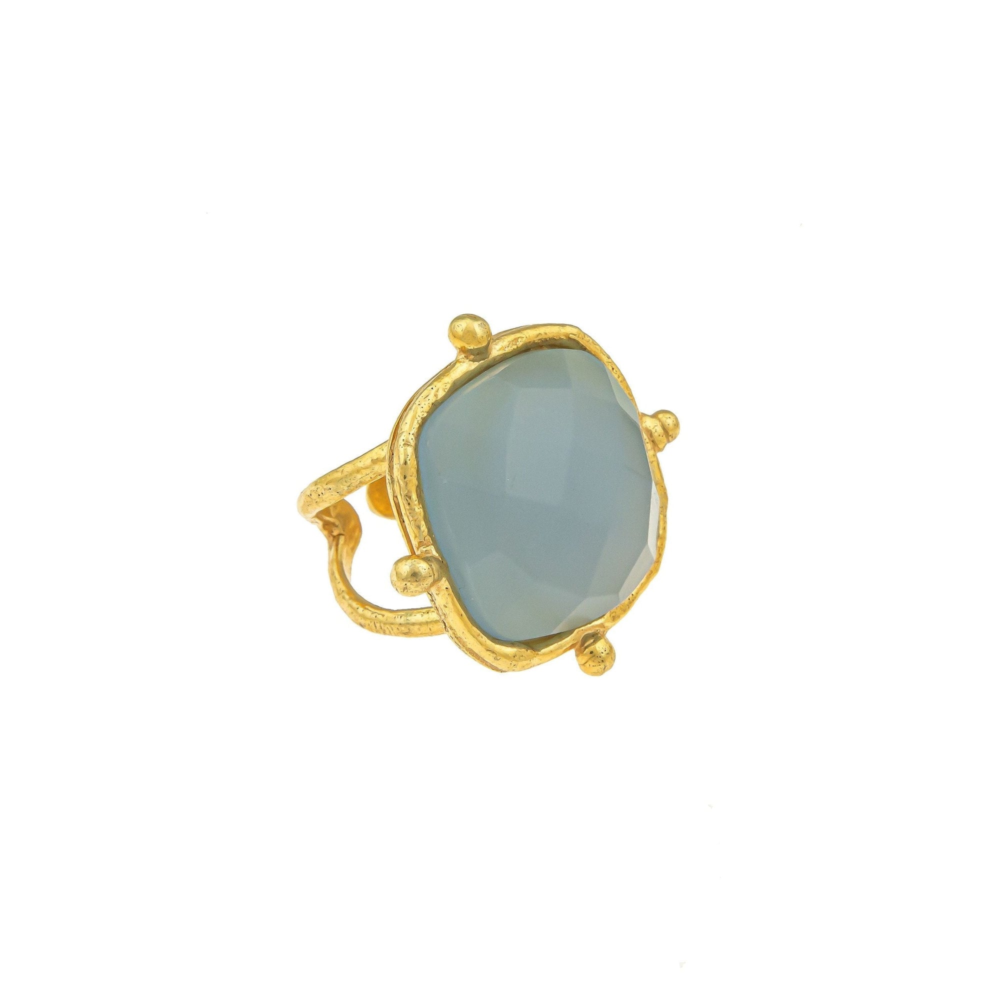 Bague Coussin dorée à l'or fin et Calcédoine - Bleu