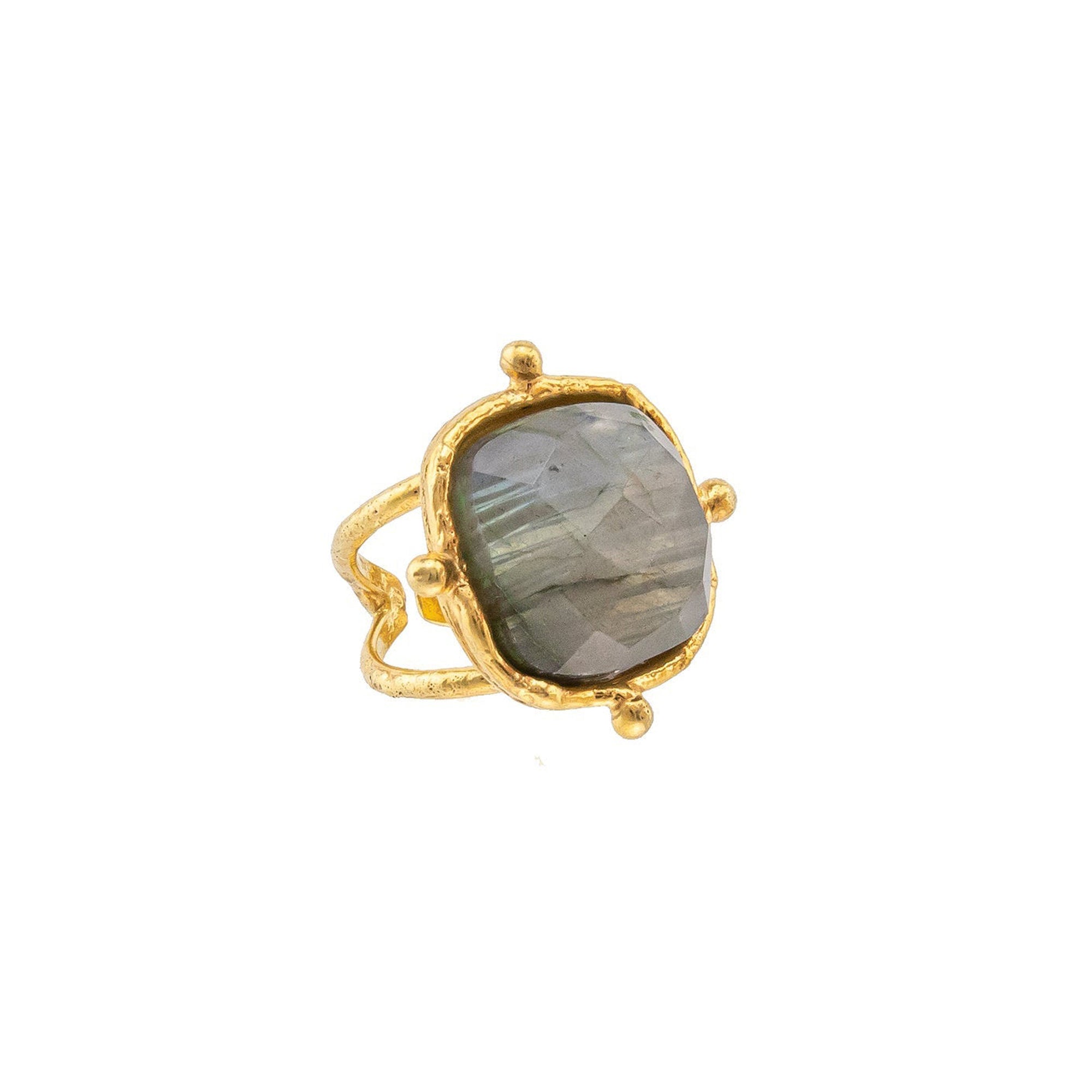 Bague Coussin dorée à l'or fin et Labradorite - Gris