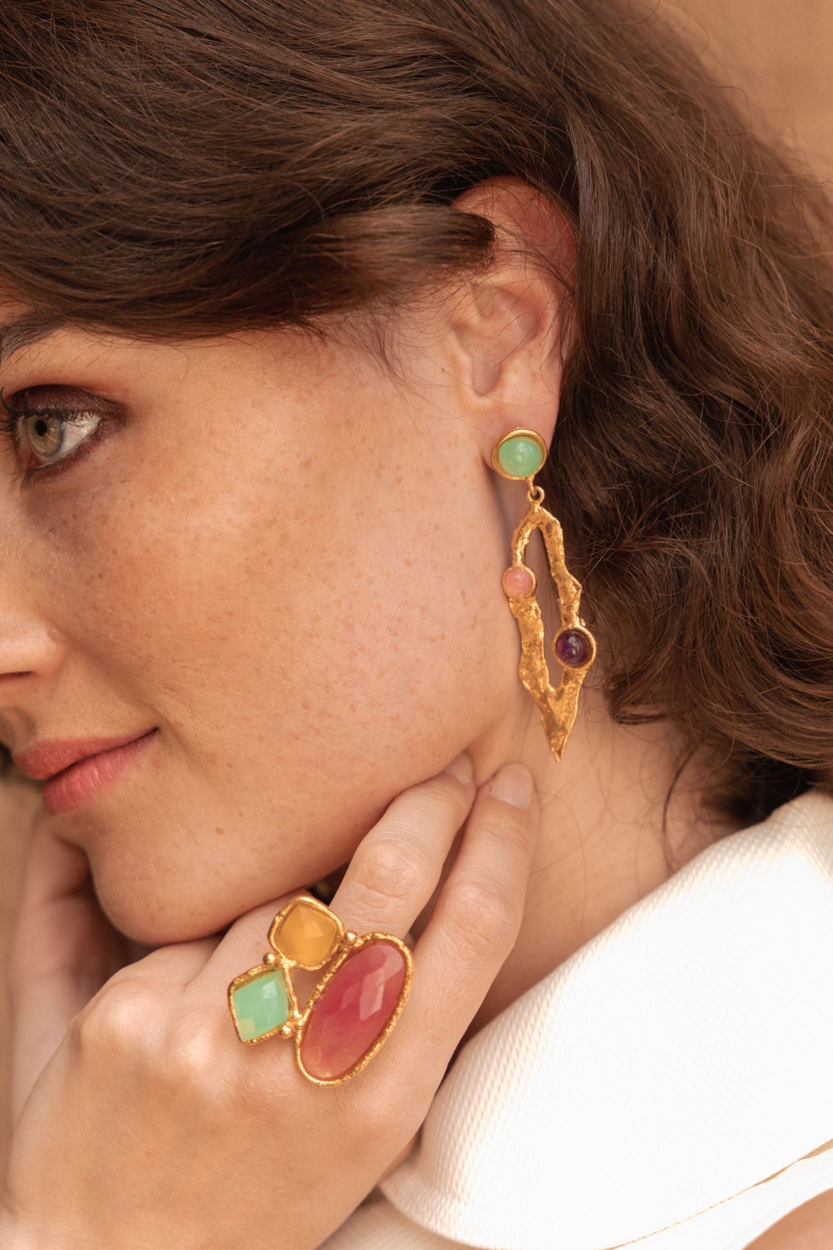 Boucles d'oreilles Lava dorées à l'or fin et multipierres - Rose