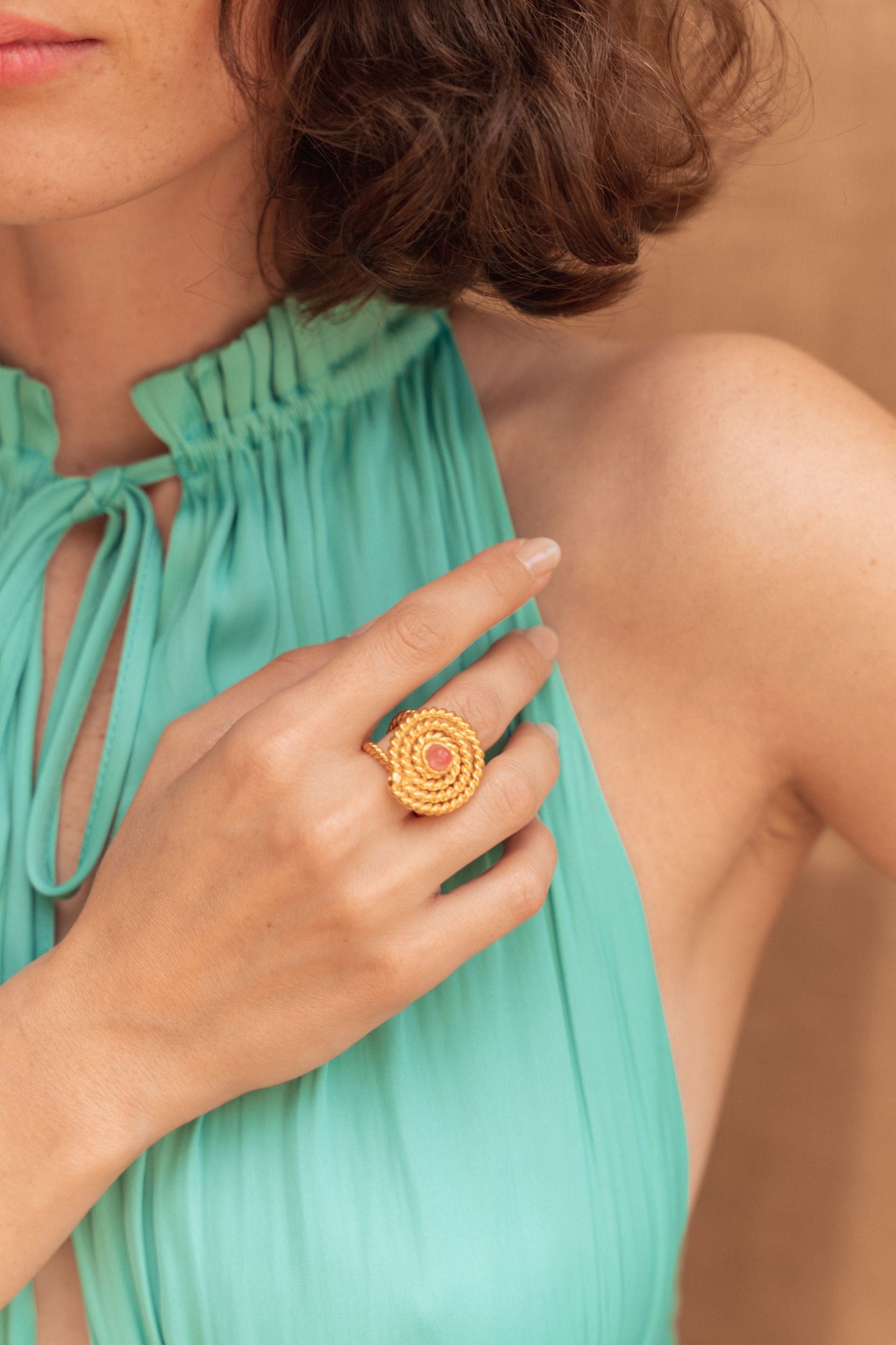 Bague Spirale dorée à l'or fin et Jade - Pink Jade