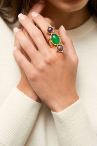 Bague Cléo dorée à l'or fin et multipierres - Vert & Violet