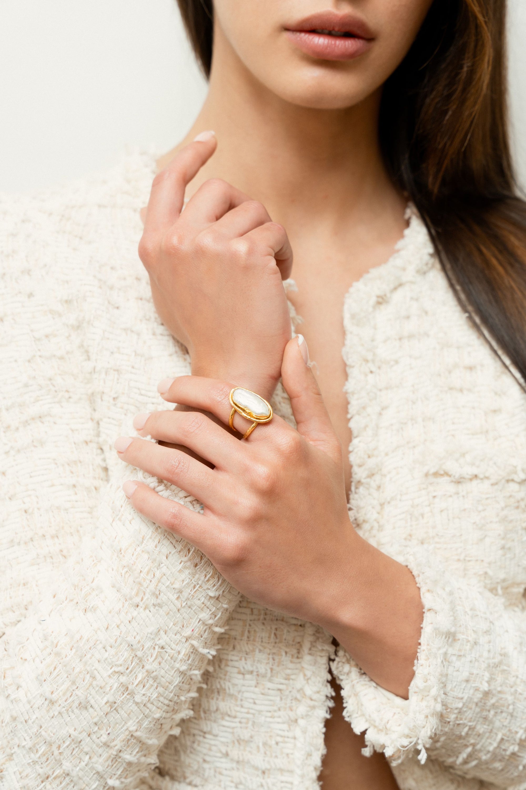 Bague Grace dorée à l'or fin et Perle - Blanc