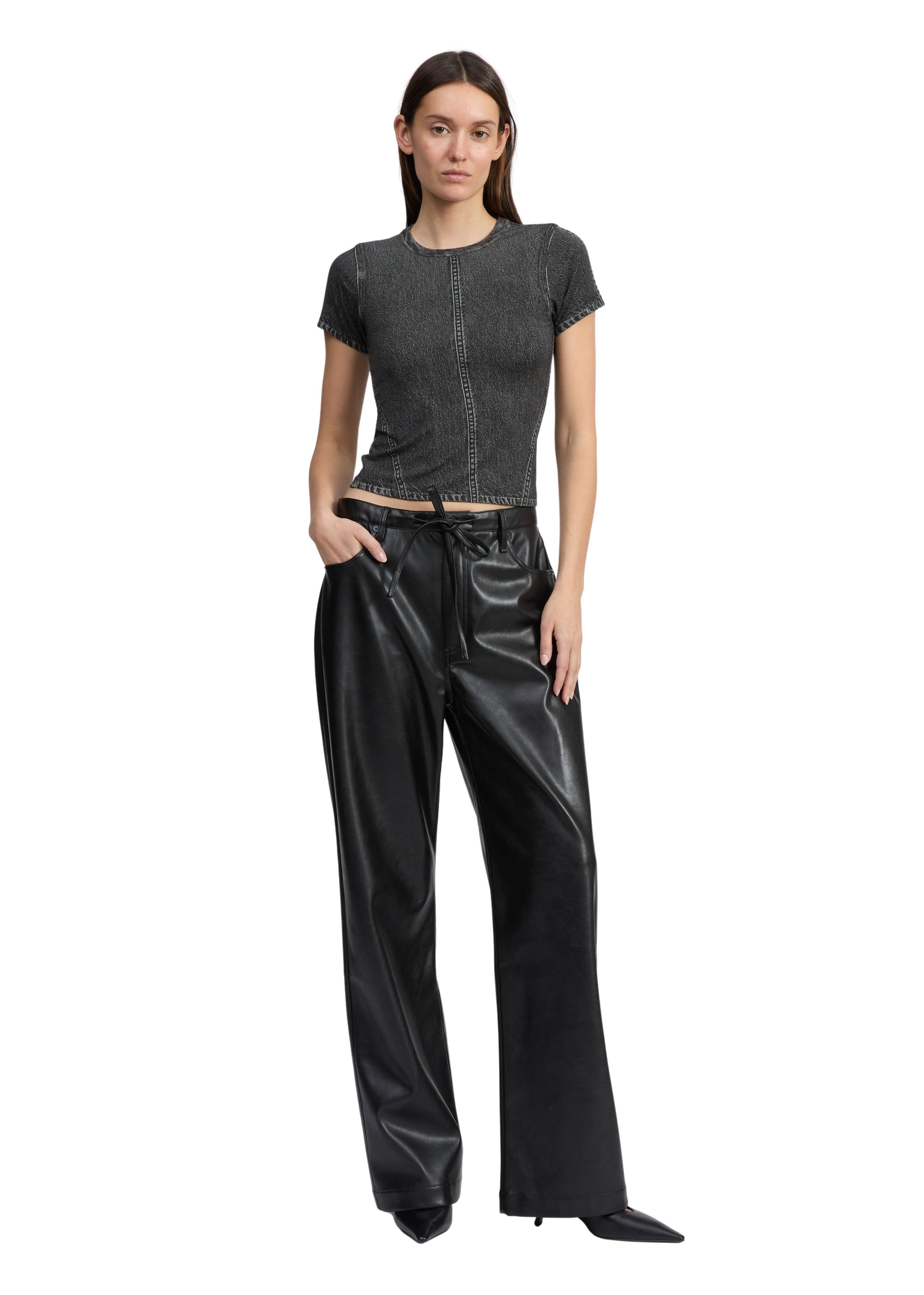 Pantalon à cordon de serrage en simili cuir Phoebe - Noir