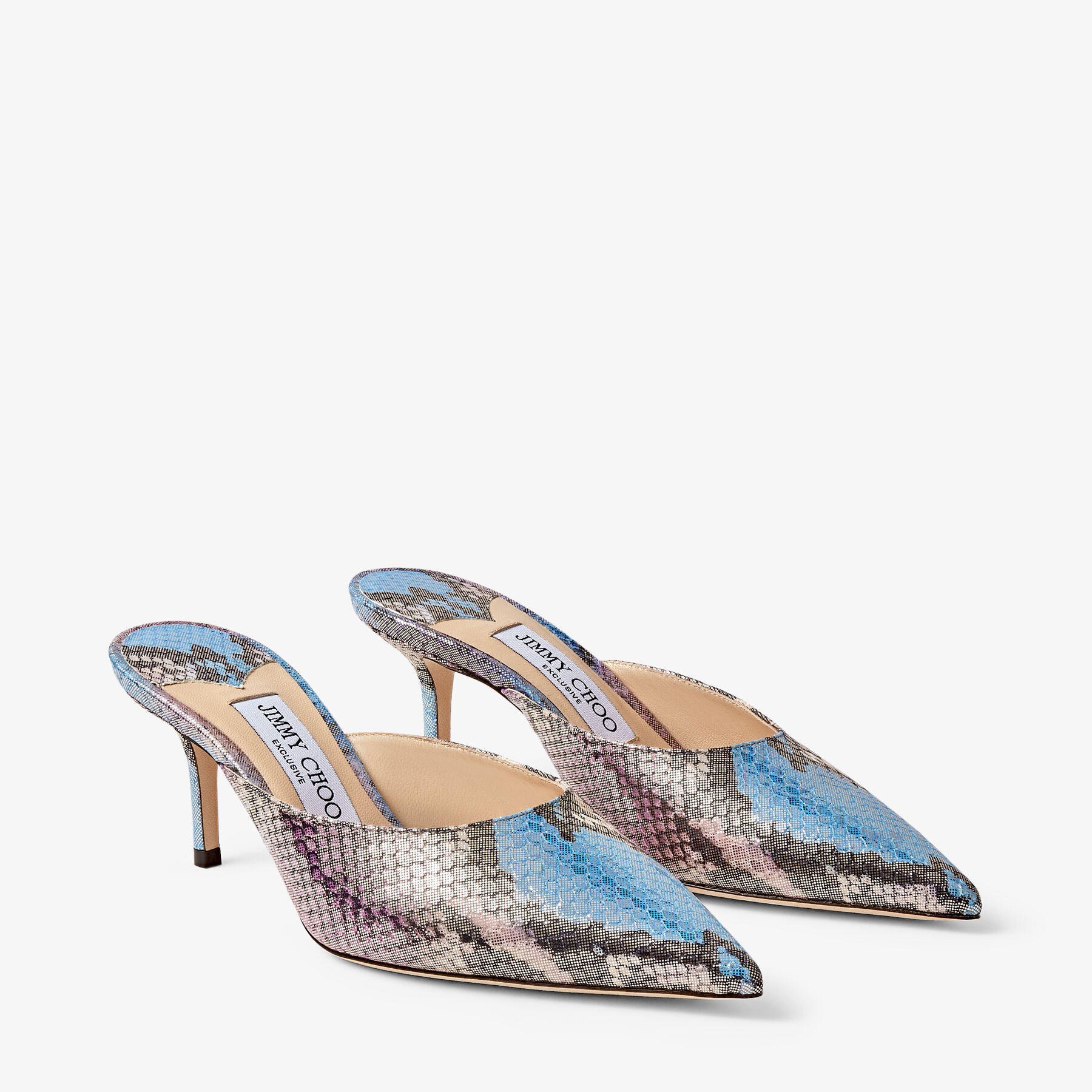 Rav Pointed 65 Leather Snake Print Mules - Wisteria & Smoky Blue Mix