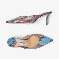 Rav Pointed 65 Leather Snake Print Mules - Wisteria & Smoky Blue Mix